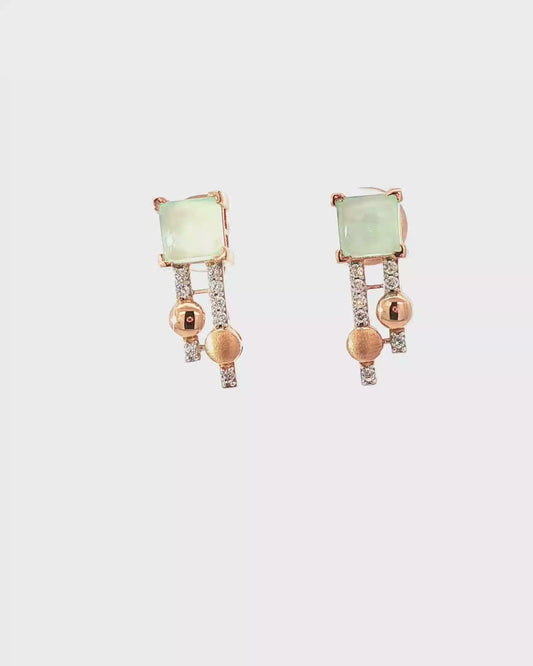 Elegant Rose Gold Square Cabochon Jade and Round Brilliant Diamond Drop Earrings