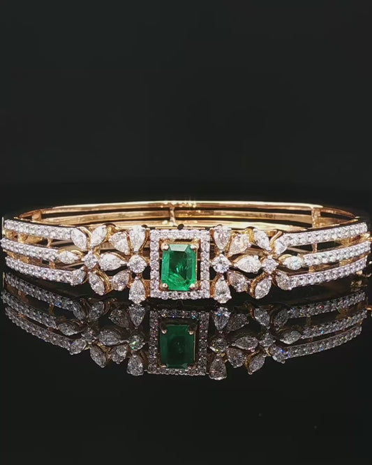 Emerald and Pear-Cut Diamond Floral Halo Yellow Gold Bangle