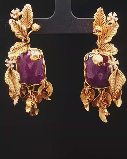 Vintage Botanical Motif Ruby and Diamond Gold Dangle Earrings