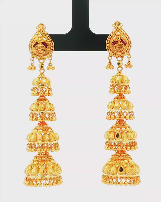 Yellow Gold Multi-Tiered Traditional Jhumka Dangle Earrings