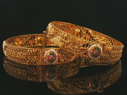 Ornate Yellow Gold Filigree Bangles with Pearl Accents and Mosaic Inlay