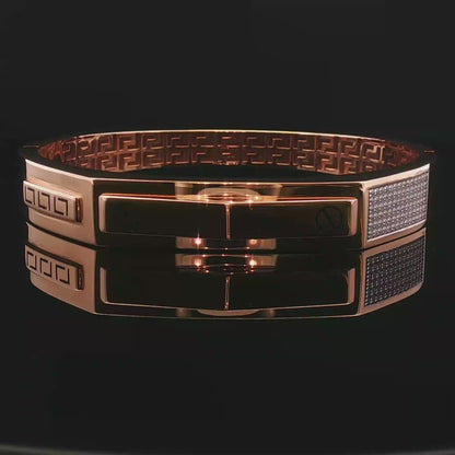 Rose Gold Geometric Diamond Pave Bangle with Greek Key Interior
