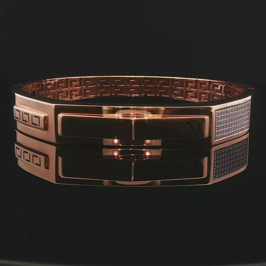 Rose Gold Geometric Diamond Pave Bangle with Greek Key Interior