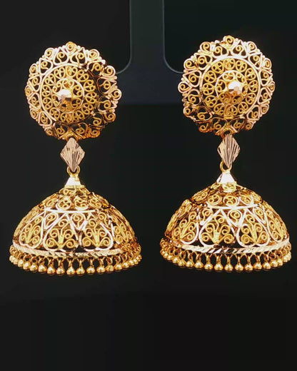 Ornate Yellow Gold Filigree Jhumka Dangle Earrings