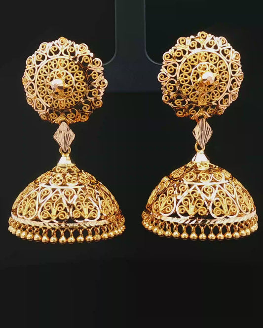Ornate Yellow Gold Filigree Jhumka Dangle Earrings