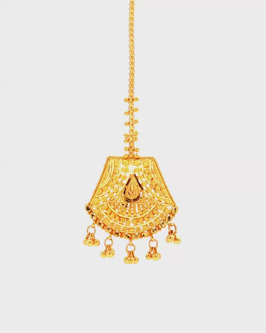 Yellow Gold Filigree Maang Tikka with Dangling Beads