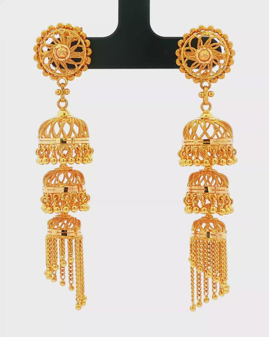 Yellow Gold Multi-Tiered Filigree Dangle Earrings
